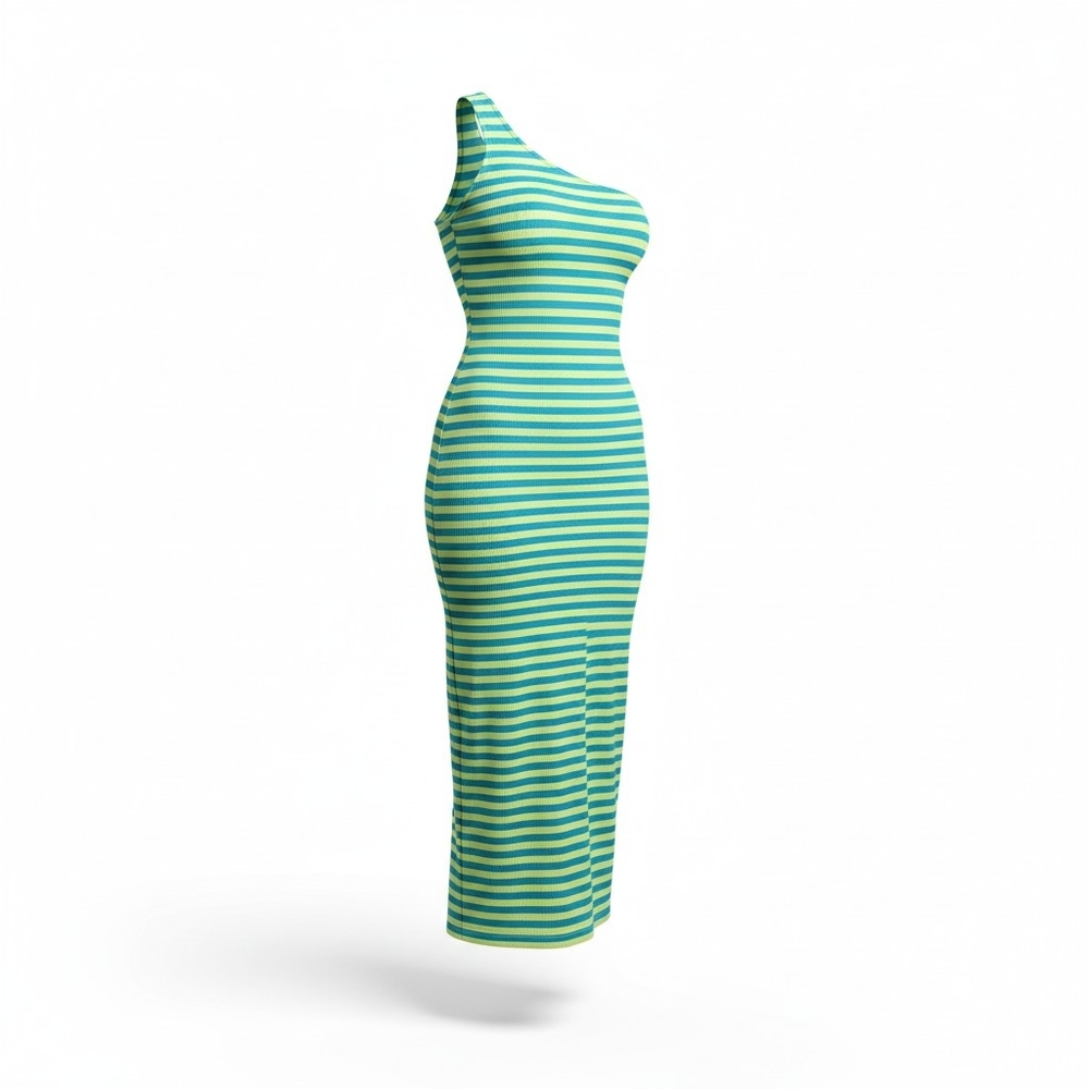 Dolls Kill | Teal and Neon Green Striped One-Shoulder Bodycon Dress